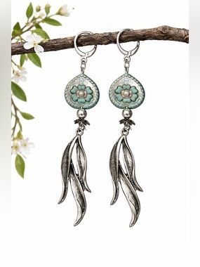 Czech Glass Floral Earrings, Antique Silver Leaf Dangle, Boho Statement Earrings
